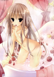 Rule 34 | 1girl, absurdres, bath, bathing, bathtub, bird, breasts, brown hair, censored, chick, cleavage, collarbone, convenient censoring, curtains, flower, hair censor, half updo, highres, indoors, inugami kira, leaning forward, looking at viewer, nude, petals, purple eyes, rose, rose petals, shower curtain, shower head, solo, standing, steam, towel, wading, water