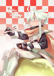 Rule 34 | ..., 1boy, ahoge, armor, bad id, bad pixiv id, black gloves, blush, bowl, breastplate, brown cape, cape, checkered background, chopsticks, eating, food, from side, gloves, green eyes, green hair, highres, holding, holding bowl, holding chopsticks, knee pads, long sleeves, male focus, armored boots, mochi, original, shichigatsu, sitting, slit pupils, solo, spoken ellipsis