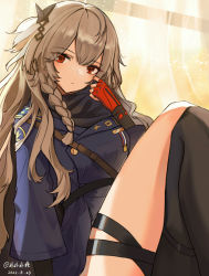 Rule 34 | 1girl, artist name, black scarf, black thighhighs, blonde hair, blue jacket, braid, braided ponytail, closed mouth, dated, expressionless, feet out of frame, fingerless gloves, girls&#039; frontline, gloves, hair between eyes, highres, jacket, light, long hair, looking at viewer, mole, mole under eye, red eyes, red gloves, sakatakin, scarf, single thighhigh, sitting, solo, sp9 (girls&#039; frontline), thighhighs