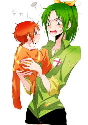 Rule 34 | 10s, 2girls, age regression, aged down, baby, carrying, green eyes, green hair, green shirt, hino akane (smile precure!), midorikawa nao, multiple girls, open mouth, orange eyes, orange shirt, oversized clothes, precure, red hair, ribbon, shirt, short hair, simple background, smile precure!, squiggle, tima, white background