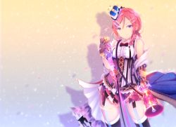 Rule 34 | 10s, 1girl, birthday, cherry blossoms, crown, earrings, furisode (pixilvina), hair ornament, happy birthday, highres, jewelry, light particles, love live!, love live! school idol festival, love live! school idol project, megaphone, microphone, nishikino maki, petals, purple eyes, red hair, shadow, thighhighs, zettai ryouiki