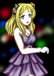 Rule 34 | 1girl, 2019, artist name, artist request, bare shoulders, black bow, blonde hair, blurry, blurry background, bow, braid, breasts, cleavage, crown braid, dress, earrings, female focus, gloves, hair bow, hair rings, heart, jewelry, looking at viewer, love live!, love live! school idol festival, love live! sunshine!!, ohara mari, parted lips, purple bow, purple dress, ribbon, short hair, solo, song name, striped, striped bow, white gloves, yellow eyes