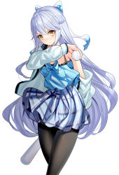 Rule 34 | 1girl, ball, baseball (object), black pantyhose, blue bow, blue camisole, bow, braid, camisole, commentary request, grey hair, grey jacket, grey skirt, hair between eyes, hair bow, hand up, highres, holding, holding ball, jacket, long hair, long sleeves, looking at viewer, metal baseball bat, off shoulder, open clothes, open jacket, original, pantyhose, plaid, plaid skirt, pleated skirt, puffy long sleeves, puffy sleeves, ririko (zhuoyandesailaer), saegusa riko, simple background, skirt, solo, thighband pantyhose, v-shaped eyebrows, very long hair, white background, yellow eyes