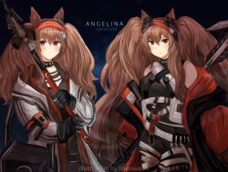 Rule 34 | 2girls, angelina (arknights), angelina (distinguished visitor) (arknights), animal ears, arknights, artist name, bad id, bad twitter id, bare shoulders, belt, black choker, black gloves, blue sealad, brown hair, character name, choker, commentary, dual persona, fox ears, gloves, hair between eyes, hairband, highres, holding, holding staff, jacket, long hair, long sleeves, looking at viewer, multiple girls, off shoulder, official alternate costume, open clothes, open jacket, red eyes, red hairband, smile, staff, twintails, very long hair, white belt, white jacket