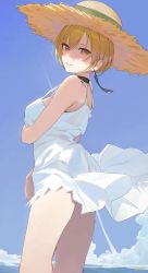 Rule 34 | 1girl, absurdres, black choker, blonde hair, blue sky, breasts, choker, contrail, dress, hat, highres, idolmaster, idolmaster shiny colors, looking at viewer, looking to the side, medium breasts, outdoors, saijo juri, sky, solo, starshell, straw hat, sundress, white dress