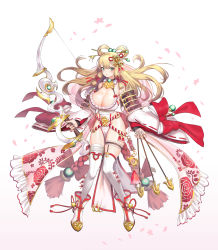 Rule 34 | 1girl, absurdres, armor, arrow (projectile), bandaged leg, bandages, bare shoulders, blonde hair, boots, bow, bow (weapon), breasts, bridal garter, cleavage, clothes between thighs, commentary request, detached sleeves, floating hair, floral print, frills, full body, green eyes, hair ornament, hair rings, hairpin, halterneck, highres, holding, holding arrow, holding bow (weapon), holding weapon, houchi shoujo, huge breasts, huge filesize, japanese armor, kouhaku nawa, long hair, looking at viewer, mochirong, pelvic curtain, red bow, rope, shimenawa, shoulder armor, simple background, sode, solo, standing, thighhighs, thighs, weapon, white background, white thighhighs, wide sleeves