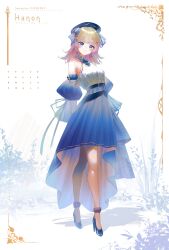 Rule 34 | 1girl, absurdres, aiceclass, anklet, bare shoulders, beret, black footwear, blonde hair, blue eyes, blue hat, blue skirt, blue sleeves, border, breasts, closed mouth, collared shirt, detached sleeves, goroku, gradient hair, hanon (aiceclass), hat, high-low skirt, high heels, highres, inset border, jewelry, large breasts, legs apart, long bangs, long sleeves, looking at viewer, multicolored hair, ornate border, pink hair, pleated skirt, shirt, simple background, skirt, sleeveless, sleeveless shirt, smile, solo, virtual youtuber, white background, white shirt