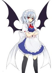Rule 34 | black thighhighs, black wings, blue hair, bow, breasts, cleavage, cosplay, crossed arms, frilled skirt, frills, garter belt, looking at viewer, maid, maid headdress, moon, night, night sky, puffy sleeves, red bow, red eyes, remilia scarlet, skirt, sky, small breasts, solo, thighhighs, touhou, utakata (kochou no yume), window, wings, zettai ryouiki