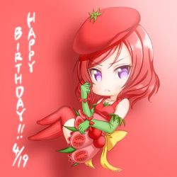 Rule 34 | 10s, 1girl, artist request, bare shoulders, blush, crossover, closed eyes, female focus, hood, hoodie, kodomo no hi, long sleeves, looking at viewer, love live!, love live! school idol project, nishikino maki, purple eyes, red background, red hair, smile, socks, solo, tomato, tomato costume, yossidragon