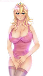 Rule 34 | 1girl, blonde hair, blue eyes, bottomless, breasts, cleavage, covering privates, covering crotch, flowerxl, large breasts, legs, looking at viewer, mario (series), nintendo, princess, princess peach, shirt, sleeveless, sleeveless shirt, smile, solo, super mario bros. 1, thighs