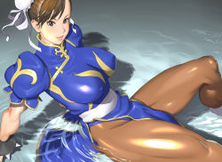 Rule 34 | 1girl, blue dress, bracelet, breasts, brown eyes, brown hair, brown pantyhose, bun cover, capcom, china dress, chinese clothes, chun-li, commentary request, covered erect nipples, dated, double bun, dress, hair bun, highres, jewelry, kotoyoshi yumisuke, large breasts, lips, lipstick, looking at viewer, makeup, pantyhose, partially submerged, pelvic curtain, puffy short sleeves, puffy sleeves, reclining, revision, sash, short sleeves, signature, smile, solo, spiked bracelet, spikes, street fighter, street fighter ii (series), thick thighs, thighs, water