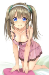 Rule 34 | 10s, 1girl, all fours, bare legs, barefoot, bikini, blue eyes, blunt bangs, blurry, breasts, brown hair, cleavage, closed mouth, collarbone, depth of field, frills, full body, hairband, highres, kageira, lingerie, lips, long hair, looking at viewer, medium breasts, minori (senran kagura), negligee, panties, pink panties, see-through, senran kagura, side-tie bikini bottom, simple background, smile, solo, strap slip, swimsuit, tareme, twintails, underwear, underwear only, white background, white hairband