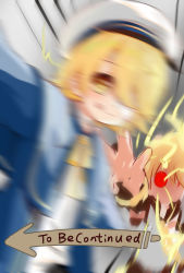 Rule 34 | 2boys, alalen, arrow (symbol), blonde hair, blue capelet, blue jacket, blurry, blurry foreground, capelet, chinese commentary, commentary, electricity, english commentary, english text, glowing, glowing eyes, hat, highres, jacket, jojo no kimyou na bouken, kagamine len, looking at viewer, male focus, mixed-language commentary, motion blur, motion lines, multiple boys, oliver (vocaloid), peaked cap, reaching, red eyes, sailor hat, shirt, to be continued, tongue, tongue out, vocaloid, white headwear, white shirt, yellow eyes, yellow neckwear