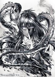 Rule 34 | 1boy, character request, commentary, dragon, eastern dragon, english commentary, finger to mouth, hair between eyes, hand up, highres, index finger raised, japanese clothes, long hair, long sleeves, looking at viewer, male focus, monochrome, ponytail, purple eyes, shushing, spot color, touken ranbu, upper body, vdmaler