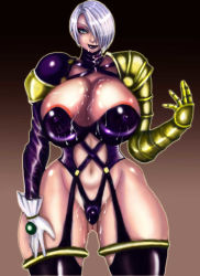 Rule 34 | 1girl, akatsuki giken, areola slip, armor, blue eyes, breasts, covered erect nipples, cum, cum on body, cum on breasts, cum on clothes, cum on lower body, cum on upper body, curvy, eyeshadow, facial, female focus, gauntlets, gloves, gradient background, hair over one eye, hand on thigh, hip focus, huge breasts, isabella valentine, latex, leotard, lipstick, makeup, namco, purple hair, short hair, smile, solo, soul calibur, soulcalibur i, standing, thighhighs, thighs, wide hips