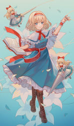 Rule 34 | 1girl, alice margatroid, apron, arm support, arm up, arms up, belt, black footwear, blonde hair, blue background, blue dress, blue flower, book, boots, bow, bowtie, breasts, brown footwear, capelet, closed mouth, commentary request, doll, dress, floral background, flower, flying, frills, gradient background, grey apron, grey capelet, grey shirt, grey socks, hair between eyes, hairband, hand up, hands up, highres, holding, holding book, holding weapon, jewelry, lazuri7, long hair, long sleeves, looking at viewer, medium breasts, multicolored flower, open book, open mouth, petals, pink flower, puffy long sleeves, puffy short sleeves, puffy sleeves, purple flower, red belt, red bow, red bowtie, red hairband, ring, shanghai doll, shirt, shoes, short hair, short sleeves, smile, socks, solo, standing, sword, thread, touhou, v-shaped eyebrows, weapon, wrist cuffs, yellow flower