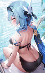 Rule 34 | 1girl, absurdres, arm strap, ass, bare shoulders, bikini, black bikini, black hairband, blue hair, blush, breasts, butt crack, commentary request, cup, eula (genshin impact), fantongjun, from behind, genshin impact, hair ornament, hairband, has bad revision, has downscaled revision, highres, large breasts, looking back, md5 mismatch, medium hair, parted lips, pool, poolside, purple eyes, resolution mismatch, sitting, solo, source smaller, swimsuit, thigh strap, thighs, water