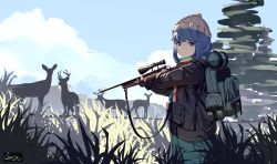 Rule 34 | 1girl, absurdres, animal, backpack, bag, beanie, black gloves, black jacket, blue hair, blue pants, blue sky, brown eyes, closed mouth, cloud, cloudy sky, commentary, day, deer, english commentary, gar32, gloves, grass, grey hat, gun, hat, highres, holding, holding gun, holding weapon, jacket, long sleeves, looking at viewer, looking to the side, outdoors, pants, rifle, scarf, scope, shima rin, signature, silhouette, sky, smile, sniper rifle, solo, striped clothes, striped scarf, tall grass, weapon, weapon request, yurucamp