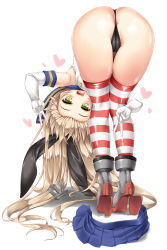 Rule 34 | 1girl, anus, anus peek, ass, black panties, blonde hair, commentary, double v, full body, green eyes, heart, highres, kamiya tomoe, kantai collection, long hair, looking at viewer, looking back, open mouth, panties, rudder footwear, shimakaze (kancolle), simple background, skirt, solo, striped clothes, striped thighhighs, thighhighs, underwear, unworn skirt, v, white background