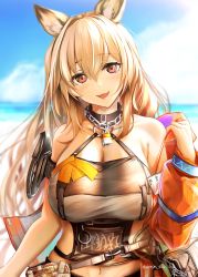 Rule 34 | 1girl, absurdres, animal ears, arknights, bag, bare shoulders, blurry, blurry background, breasts, brown eyes, ceobe (arknights), ceobe (summer flowers) (arknights), chain, chain necklace, cleavage, coat, commentary request, dog ears, dog girl, highres, jewelry, large breasts, lips, navel, necklace, official alternate costume, open clothes, open coat, open mouth, orange hair, sky, smile, solo, swimsuit, yokaze (yokajie)