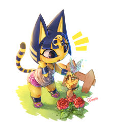 Rule 34 | 1girl, absurdres, animal crossing, ankha (animal crossing), bad id, bad pixiv id, bug, butterfly, cat, fence, flower, furry, furry female, highres, insect, nintendo, tamanosuke, watering can