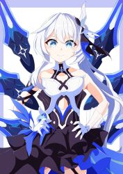 Rule 34 | 1girl, absurdres, bare shoulders, black dress, blue eyes, breasts, closed mouth, collarbone, commentary request, covered collarbone, dress, eight (eight3rd1), gloves, hair between eyes, hands on own hips, highres, honkai (series), honkai impact 3rd, long hair, looking at viewer, purple background, see-through, small breasts, smile, solo, standing, theresa apocalypse, theresa apocalypse (twilight paladin), two-tone background, very long hair, white background, white gloves, white hair