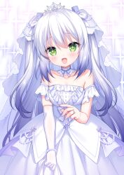 Rule 34 | + +, 1girl, :d, bare shoulders, blush, bow, breasts, collarbone, commission, dress, elbow gloves, fang, gloves, unworn gloves, green eyes, grey hair, hair bow, head tilt, highres, holding, holding clothes, holding gloves, jewelry, long hair, looking at viewer, open mouth, original, pixiv commission, pleated dress, ring, sacraneco, single glove, small breasts, smile, solo, sparkle background, strapless, strapless dress, tiara, two side up, very long hair, white bow, white dress, white gloves