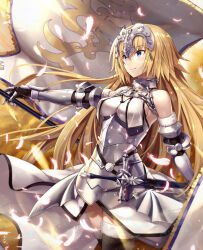 Rule 34 | 1girl, armor, armored dress, black thighhighs, blonde hair, blue eyes, blush, breast curtains, breasts, chain, collar, dress, fate/apocrypha, fate/grand order, fate (series), faulds, feathers, flag, fur-trimmed legwear, fur trim, gabiran, gauntlets, headpiece, highres, jeanne d&#039;arc (fate), jeanne d&#039;arc (ruler) (fate), large breasts, long hair, metal collar, plackart, polearm, smile, solo, thighhighs, thighs, very long hair, weapon, white dress
