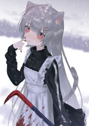 Rule 34 | 1girl, absurdres, ahoge, animal ears, apron, bad id, bad pixiv id, black jacket, blood, blood on clothes, blood on face, blood on hands, bloody weapon, blush, cat ears, cat girl, cat tail, crowbar, dress, finger to mouth, grey hair, hair between eyes, hair ornament, hairclip, highres, holding, holding crowbar, holding weapon, jacket, jersey maid, looking at viewer, maid, maid apron, nia (x x02), original, outdoors, red eyes, snowing, solo, symbol-shaped pupils, tail, track jacket, unconventional maid, weapon, white apron