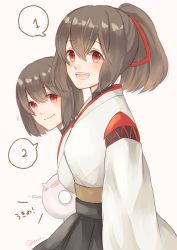 Rule 34 | 2girls, :d, abyssal ship, black hakama, black undershirt, blush, brown hair, closed mouth, commentary request, detached sleeves, enemy lifebuoy (kancolle), hair between eyes, hair ribbon, hakama, hakama short skirt, hakama skirt, hyuuga (kancolle), ise (kancolle), japanese clothes, kantai collection, kimono, long hair, looking at viewer, motion lines, multiple girls, open mouth, pleated skirt, ponytail, red eyes, red ribbon, ribbon, round teeth, short hair, simple background, skirt, smile, speech bubble, spoken number, teeth, undershirt, upper body, white kimono, yuzu (kimagure kankitsurui)