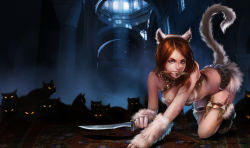 Rule 34 | 1girl, all fours, animal ears, artist request, blue eyes, cat, cat ears, cat tail, katarina (league of legends), kitty cat katarina, knife, league of legends, long hair, official art, red hair, shadow, solo, tail, weapon