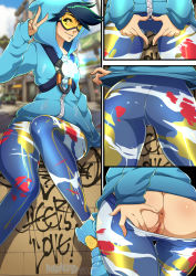 Rule 34 | 1girl, alternate costume, alternate hair color, anus, ass, black hair, brown eyes, chest harness, clothes pull, comic, goggles, graffiti tracer, harness, heart, heart hands, highres, hizzacked, hood, hood up, hoodie, looking at viewer, multiple views, no panties, official alternate costume, overwatch, overwatch 1, pants, pants pull, pussy, short hair, sitting, standing, swept bangs, tracer (overwatch), uncensored, v