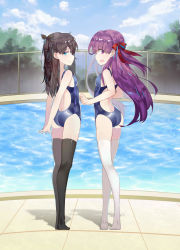 Rule 34 | 2girls, aged down, arms behind back, ass, back cutout, backless swimsuit, bad id, bad pixiv id, black hair, black legwear, black ribbon, blue eyes, blue one-piece swimsuit, butt crack, clothing cutout, day, fate (series), from behind, hair ribbon, highres, lenka1264504528, long hair, looking at viewer, looking back, matou sakura, multiple girls, one-piece swimsuit, backless swimsuit, open mouth, outdoors, pool, purple eyes, purple hair, red ribbon, ribbon, siblings, sisters, skindentation, smile, standing, swimsuit, thighhighs, tohsaka rin, two side up, very long hair, white legwear