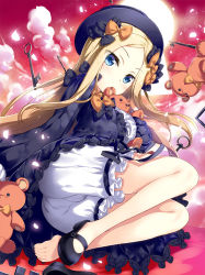Rule 34 | 1girl, abigail williams (fate), biting, black bow, black dress, black footwear, black hat, blonde hair, bloomers, blue eyes, bow, bug, butterfly, cameltoe, dress, ear biting, fate/grand order, fate (series), fujima takuya, hair bow, hat, high heels, insect, key, long hair, long sleeves, looking at viewer, mary janes, orange bow, panties, pantyshot, parted bangs, shoes, single shoe, solo, stuffed animal, stuffed toy, teddy bear, underwear, white bloomers