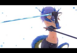 Rule 34 | 1girl, blue eyes, blue hair, breasts, cowboy shot, denim, desukingu, dragon girl, frown, g (genesis1556), glowing, hair between eyes, highres, holding, holding sword, holding weapon, horns, jeans, katana, letterboxed, looking at viewer, matching hair/eyes, monster girl, navel, original, pants, scabbard, scales, scar, sheath, short hair, solo, sword, tail, tomboy, topless, weapon, white background