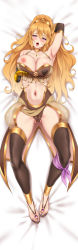 Rule 34 | 1girl, armpits, bed sheet, blonde hair, blush, breasts, dakimakura (medium), feet, full body, highres, kinhasu, large breasts, long hair, looking at viewer, lying, navel, nipples, on back, open mouth, prosthesis, prosthetic arm, purple eyes, rwby, sandals, solo, wavy hair, yang xiao long