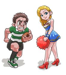 Rule 34 | 1boy, 1girl, absurdres, ball, blonde hair, brown hair, cheerleader, highres, pom pom (cheerleading), rugby, rugby ball, rugby uniform, sportswear