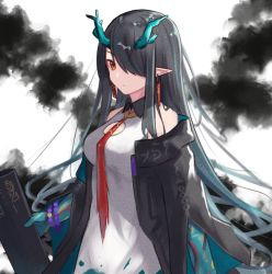 Rule 34 | 1girl, aqua hair, arknights, bare shoulders, bead bracelet, beads, black coat, black hair, bracelet, breasts, closed mouth, coat, colored skin, dragon horns, dress, dusk (arknights), earrings, expressionless, gradient hair, green skin, hair over one eye, highres, holding, holding sheath, horns, ink, jewelry, ki xyoro, long sleeves, looking at viewer, medium breasts, multicolored hair, necktie, off shoulder, open clothes, open coat, pointy ears, red eyes, red necktie, sheath, sidelocks, solo, upper body, white background, white dress