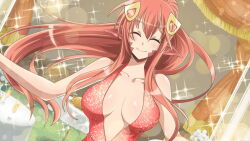Rule 34 | 1girl, artist request, bare shoulders, blush, breasts, closed eyes, dress, game cg, hair between eyes, hair ornament, hairclip, lamia, large breasts, long hair, miia (monster musume), monster girl, monster musume no iru nichijou, monster musume no iru nichijou online, official alternate costume, official art, plunging neckline, pointy ears, ponytail, red dress, red hair, red scales, scales, smile, solo, sparkle