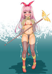 Rule 34 | 1girl, arima natsubon, blush, boots, bra, covered erect nipples, elbow gloves, female focus, full body, gloves, hair ribbon, highres, loincloth, long hair, mage (ragnarok online), navel, open mouth, pink eyes, pink hair, pussy juice, pussy juice drip, ragnarok online, ribbon, solo, staff, sweat, thighhighs, underwear, weapon