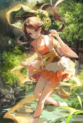 Rule 34 | 1girl, boots, brown eyes, brown hair, collarbone, detached sleeves, floating hair, flower, highres, holding, holding flower, leg up, long hair, looking at viewer, maccha (mochancc), miniskirt, orange skirt, original, outdoors, parted lips, ribbon, skirt, smile, solo, white footwear, yellow flower, yellow ribbon