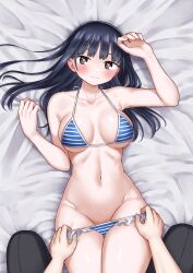 Rule 34 | 1girl, bare shoulders, bed sheet, bikini, bikini bottom pull, bikini pull, blue bikini, blue hair, blush, boku no kokoro no yabai yatsu, breasts, brown eyes, clothes pull, collarbone, dark blue hair, frilled bikini, frills, from above, groin, halterneck, hands up, highres, large breasts, long hair, looking at viewer, lying, mole, mole on neck, multicolored bikini, multicolored clothes, multiple moles, navel, on back, pov, pov hands, pulling another&#039;s clothes, ribs, solo focus, string bikini, striped bikini, striped clothes, swimsuit, thighs, white bikini, yamada anna, zeroasann