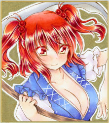 Rule 34 | 1girl, blue vest, blush, breasts, cleavage, collarbone, commentary request, graphite (medium), hair between eyes, highres, holding, holding scythe, looking at viewer, marker (medium), medium breasts, nekofish666, onozuka komachi, portrait, red eyes, red hair, scythe, shirt, short hair, short sleeves, smile, solo, touhou, traditional media, two side up, vest, white shirt