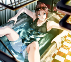 Rule 34 | 1girl, armpits, bad id, bad pixiv id, bath, bathing, bathtub, blue eyes, checkered floor, cigarette, eyewear on head, floor, from above, legs, lips, lying, mouth hold, original, outstretched arms, panties, pantyshot, perspective, ponytail, reclining, red hair, rezi, smile, smoking, solo, spread arms, spread legs, submerged, sunglasses, tank top, thighs, underwear, water, wet, wet clothes