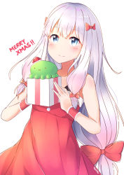 Rule 34 | 1girl, bare shoulders, blue eyes, blush, bow, box, closed mouth, commentary, dress, eromanga sensei, gift, gift box, hair bow, holding, holding gift, izumi sagiri, long hair, merry christmas, red bow, red dress, sidelocks, silver hair, simple background, sleeveless, sleeveless dress, smile, solo, stuffed animal, stuffed octopus, stuffed toy, sylphine, symbol-only commentary, very long hair, white background, wrist cuffs