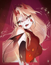 Rule 34 | 1girl, black tiara, blonde hair, blood, blood on face, charlie morningstar, circle facial mark, colored sclera, colored skin, demon girl, demon horns, demon tail, fangs, glowing, glowing eyes, hazbin hotel, highres, horns, long hair, looking at viewer, nemoon991, open mouth, red horns, red sclera, slit pupils, solo, tail, tiara, very long hair, white skin, yellow eyes