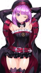 Rule 34 | 1girl, armpits, arms behind head, arms up, bare shoulders, belt, black coat, black dress, black hat, black thighhighs, blunt bangs, blush, breasts, closed mouth, coat, detached collar, dress, fate/grand order, fate (series), frills, hat, helena blavatsky (fate), helena blavatsky (third ascension) (fate), highres, long sleeves, looking at viewer, one eye closed, open clothes, open coat, purple eyes, purple hair, short dress, sia namsbinpeni, simple background, small breasts, smile, solo, strapless, strapless dress, thighhighs, thighs, white background