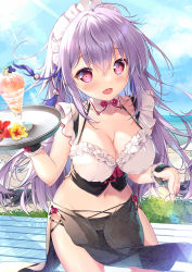Rule 34 | 1girl, :d, beach, blue sky, blush, breasts, cleavage, collarbone, commentary request, day, detached collar, flower, hair between eyes, hibiscus, highres, holding, holding tray, horizon, looking at viewer, maid, maid headdress, medium breasts, mikeou, navel, ocean, open mouth, original, outdoors, parfait, pelvic curtain, purple eyes, purple hair, sky, smile, solo, standing, sunlight, tray, wrist cuffs