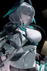Rule 34 | 1girl, aqua eyes, arknights, black background, black pantyhose, black wings, blurry, bokeh, breasts, charo (morphodrake), commentary request, dark background, depth of field, dress, fang, fang out, fangs, from side, grey hair, head wings, highres, ho&#039;olheyak (arknights), jacket, large breasts, lips, looking at viewer, open clothes, open jacket, open mouth, pantyhose, short dress, short hair, slit pupils, solo, upper body, white dress, white jacket, wings