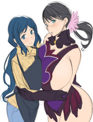Rule 34 | 10s, 2girls, apron, ass, black hair, blue eyes, blue hair, blush, breast press, breasts, cattleya (queen&#039;s blade), cleavage, crossover, denim, elbow gloves, gloves, gundam, gundam build fighters, huge breasts, iori rinko, jeans, kloah, large breasts, long hair, looking at viewer, mature female, multiple girls, pants, ponytail, queen&#039;s blade, ribbed sweater, scrunchie, smile, sweater, symmetrical docking, turtleneck